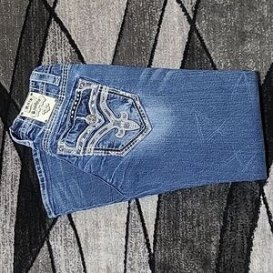 ROCK REVIVAL MIKAEL SLIM BOOT EMBROIDERED FAUX FLAP DENIM JEAN